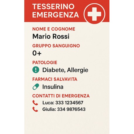 Tesserino Emergenza in PVC Personalizzato – Con Dati Sanitari e Contatti d’Emergenza
